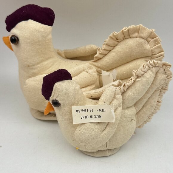 Farmhouse Muslin Chicken Set Shelf Sitters Stuffed Hen Decor in Basket BUNDLE - Picture 7 of 12